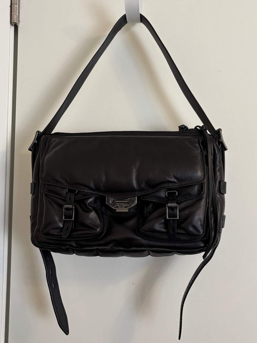 Rag & bone black gunmetal puffy field messenger bag